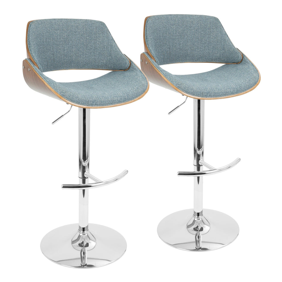 Fabrizzi Mid-Century Modern Adjustable Barstool with Swivel in Walnut and Blue Fabric By LumiSource - Set of 2 | Bar Stools | Modishstore - 2