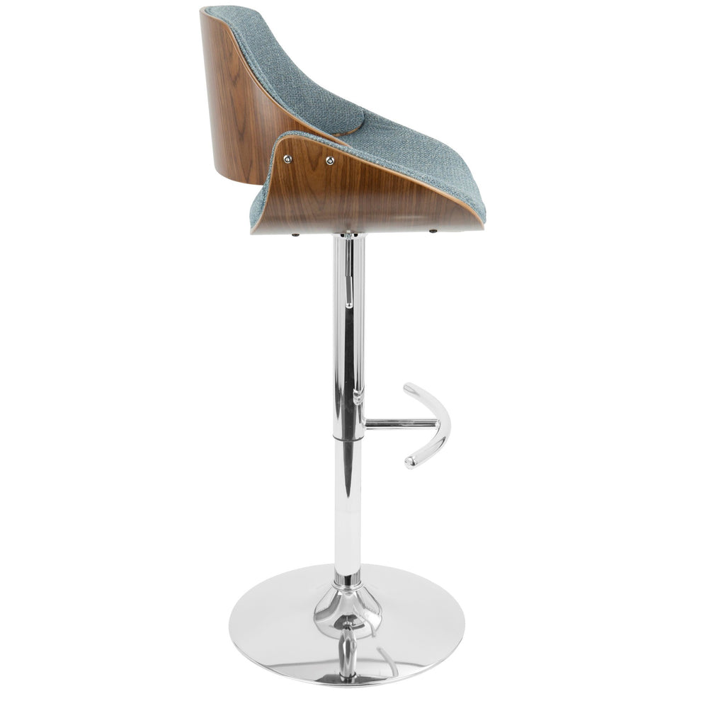 Fabrizzi Mid-Century Modern Adjustable Barstool with Swivel in Walnut and Blue Fabric By LumiSource - Set of 2 | Bar Stools | Modishstore - 9