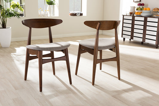 Baxton Studio Flora Mid-Century Modern Light Grey Fabric and "Oak" Medium Brown Finishing Wood Dining Chair | Modishstore | Dining Chairs