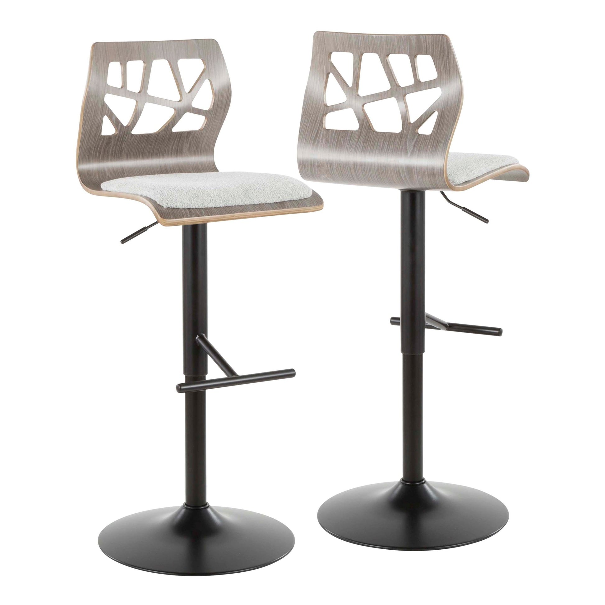 Folia Mid-Century Modern Adjustable Barstool with Swivel in Black Metal, Light Grey Wood and Light Grey Fabric By LumiSource - Set of 2 | Bar Stools | Modishstore - 7