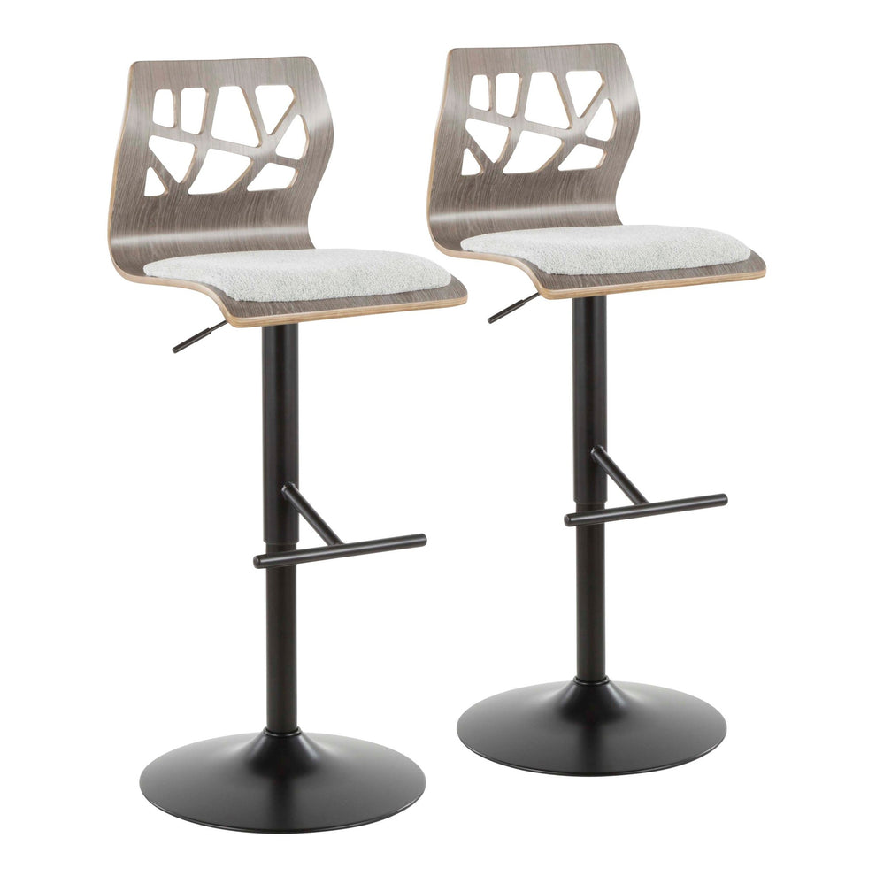 Folia Mid-Century Modern Adjustable Barstool with Swivel in Black Metal, Light Grey Wood and Light Grey Fabric By LumiSource - Set of 2 | Bar Stools | Modishstore - 2