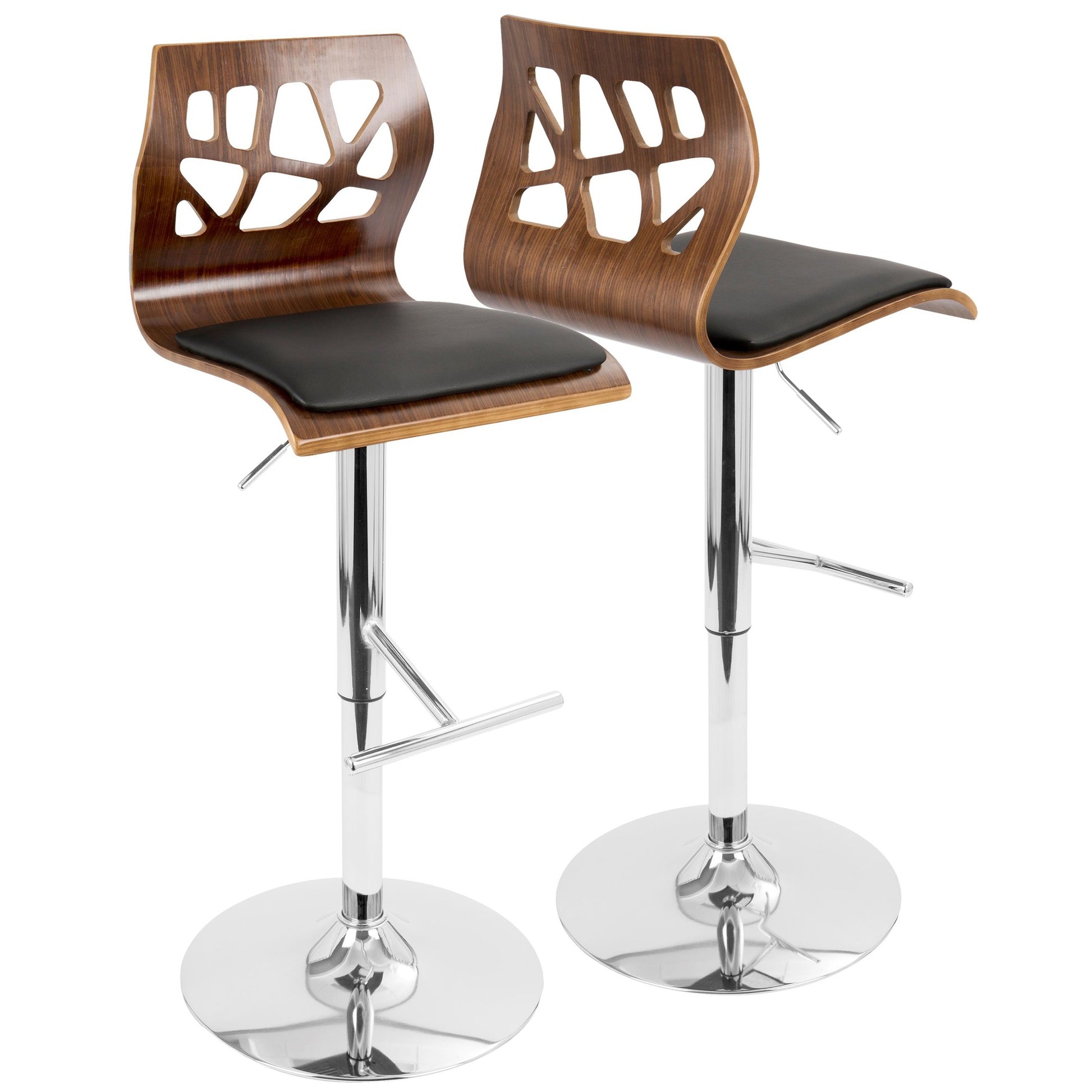 Folia Mid-Century Modern Adjustable Barstool with Swivel in Chrome, Walnut Wood and Black Faux Leather By LumiSource - Set of 2 | Bar Stools | Modishstore - 8