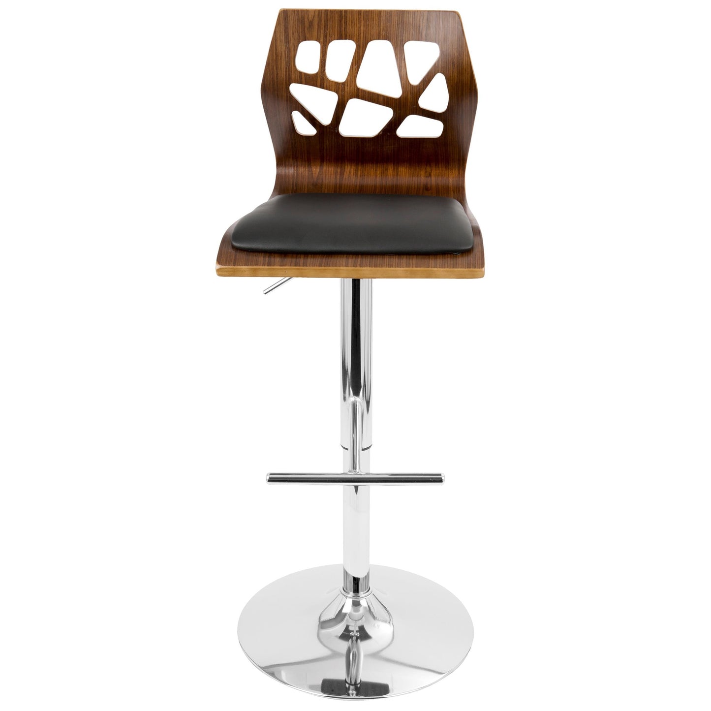Folia Mid-Century Modern Adjustable Barstool with Swivel in Chrome, Walnut Wood and Black Faux Leather By LumiSource - Set of 2 | Bar Stools | Modishstore - 4