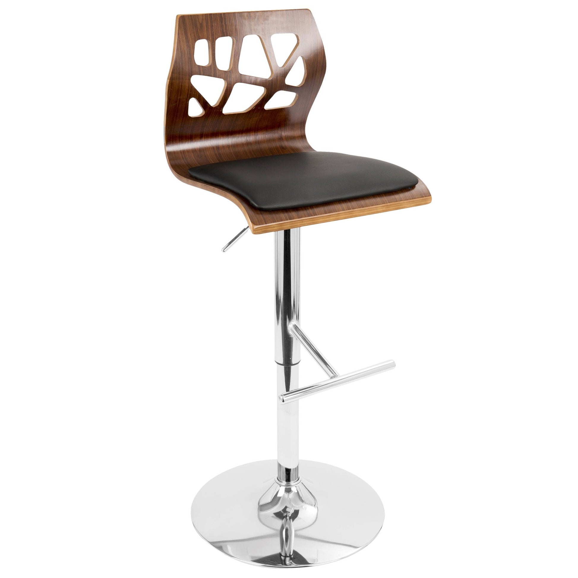 Folia Mid-Century Modern Adjustable Barstool with Swivel in Chrome, Walnut Wood and Black Faux Leather By LumiSource - Set of 2 | Bar Stools | Modishstore - 9