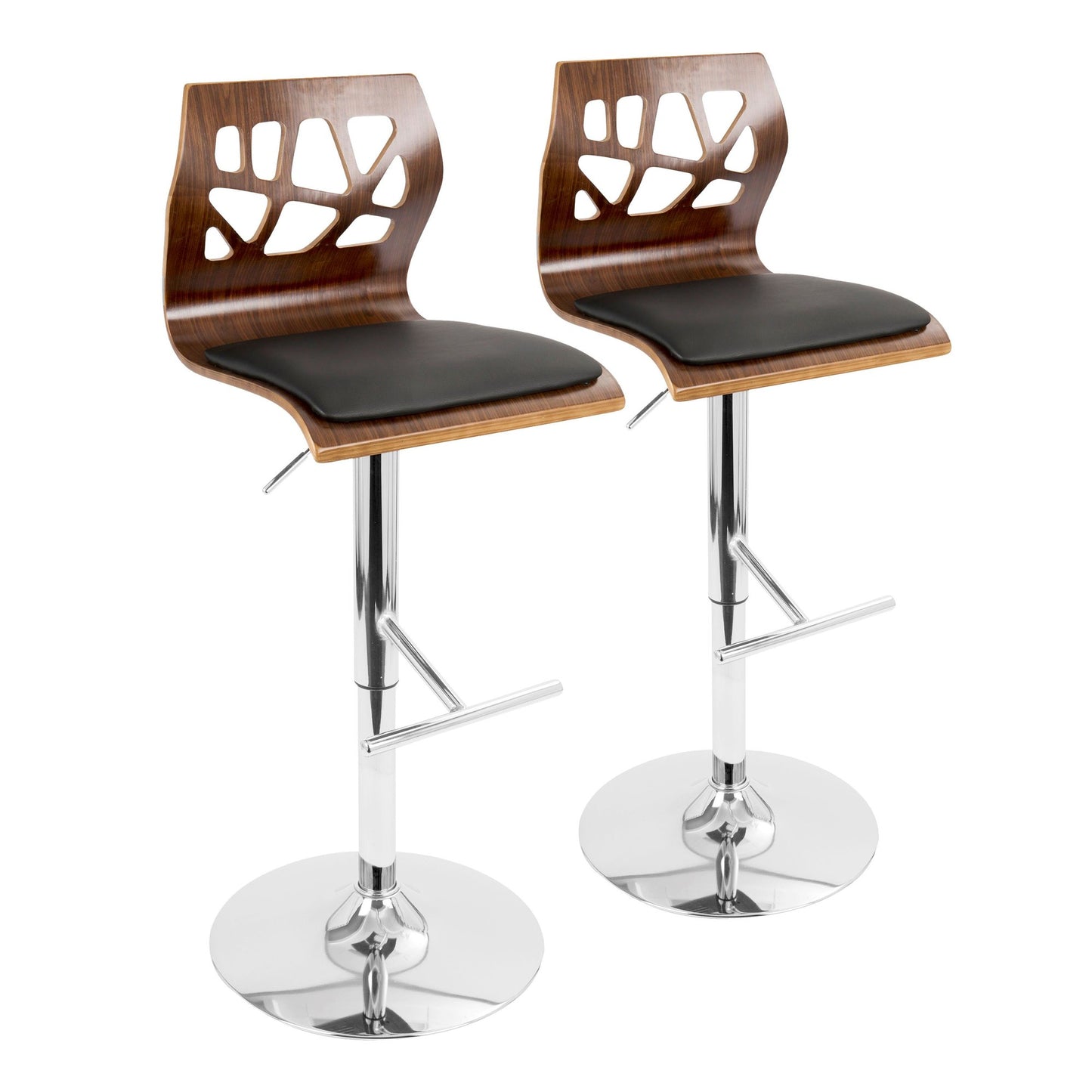 Folia Mid-Century Modern Adjustable Barstool with Swivel in Chrome, Walnut Wood and Black Faux Leather By LumiSource - Set of 2 | Bar Stools | Modishstore - 2