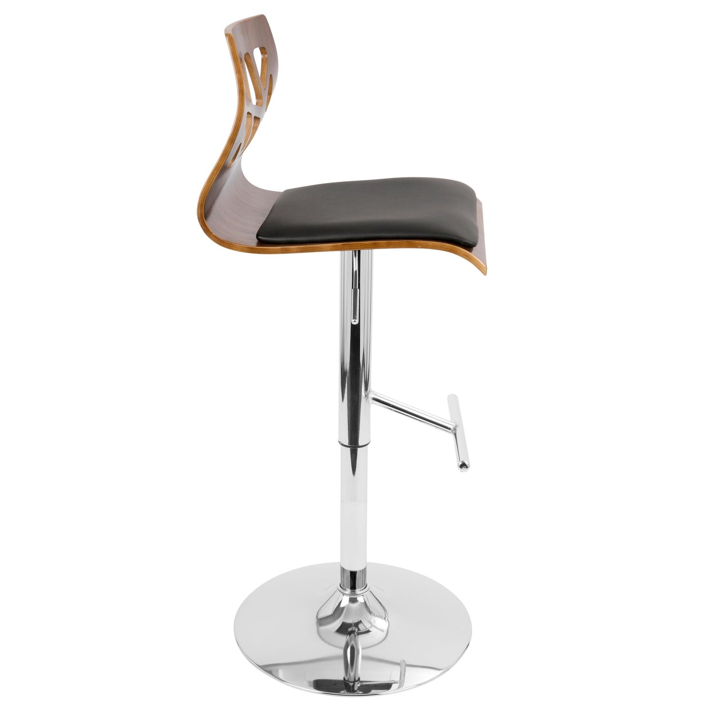 Folia Mid-Century Modern Adjustable Barstool with Swivel in Chrome, Walnut Wood and Black Faux Leather By LumiSource - Set of 2 | Bar Stools | Modishstore - 10