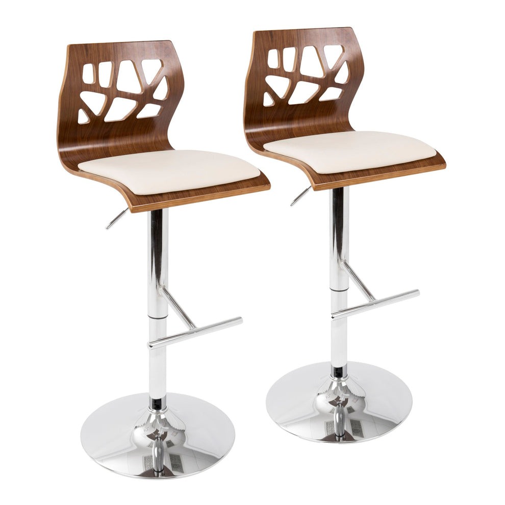 Folia Mid-Century Modern Adjustable Barstool with Swivel in Walnut and Cream Faux Leather By LumiSource - Set of 2 | Bar Stools | Modishstore - 2