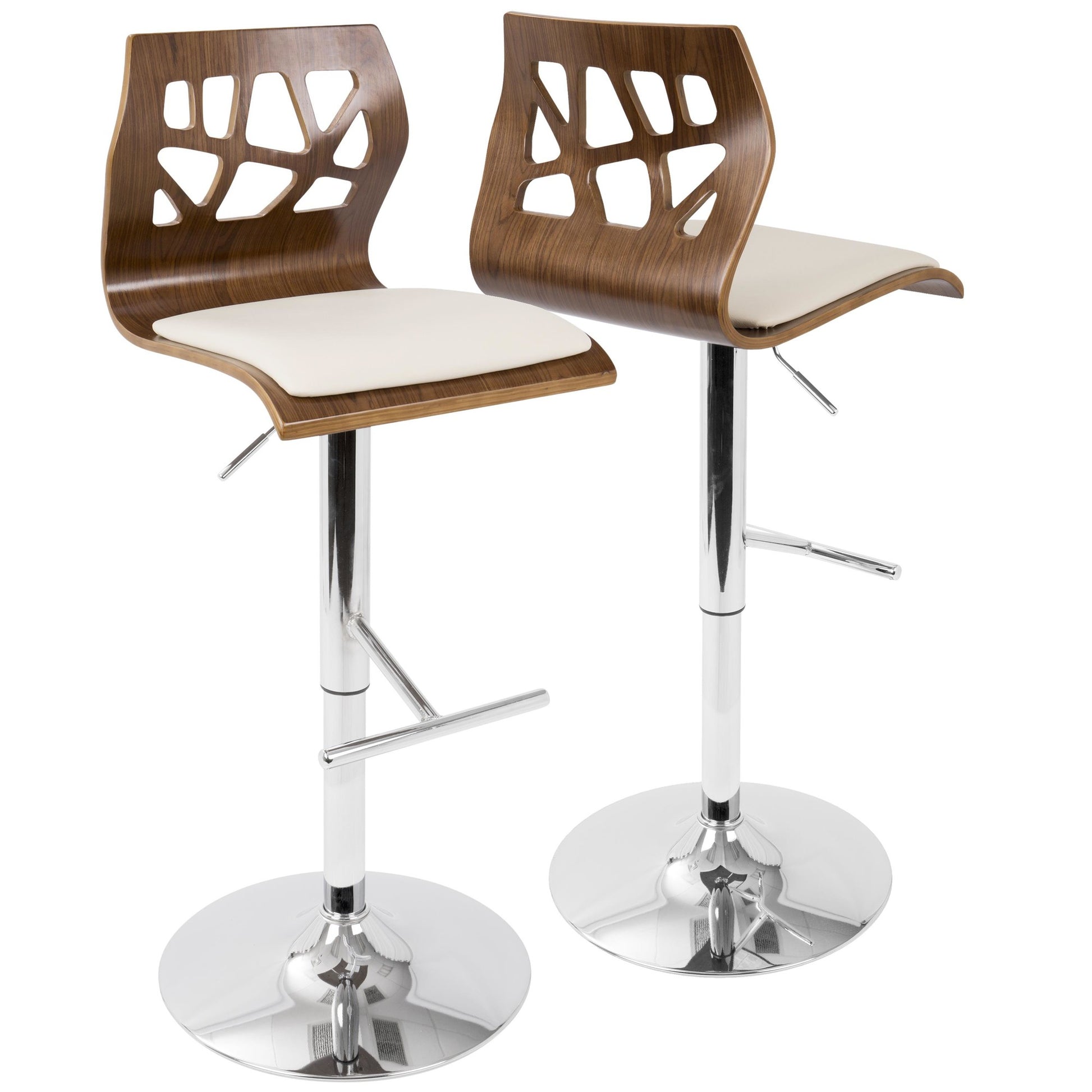 Folia Mid-Century Modern Adjustable Barstool with Swivel in Walnut and Cream Faux Leather By LumiSource - Set of 2 | Bar Stools | Modishstore - 6
