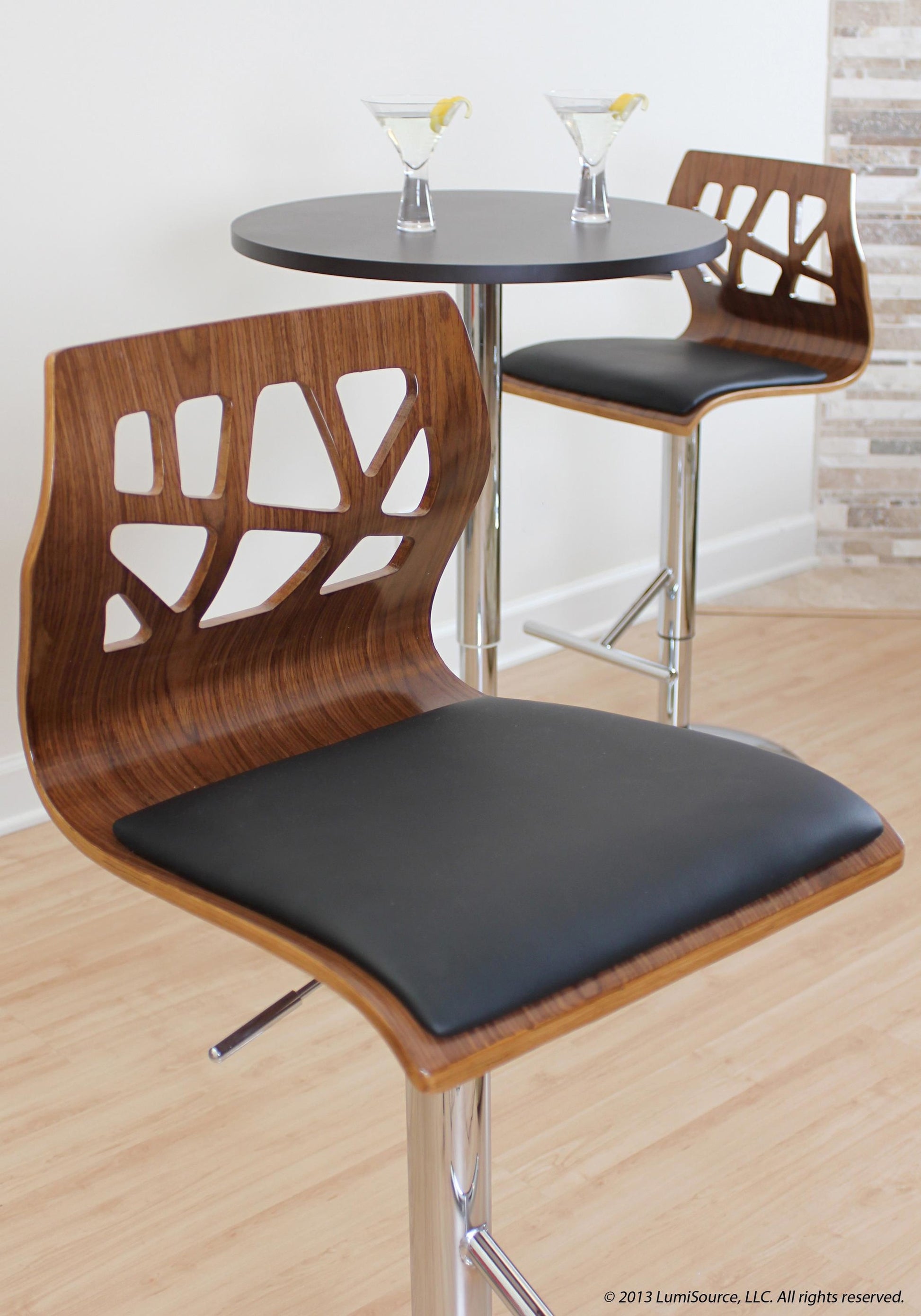 Folia Mid-Century Modern Adjustable Barstool with Swivel in Chrome, Walnut Wood and Black Faux Leather By LumiSource - Set of 2 | Bar Stools | Modishstore - 6