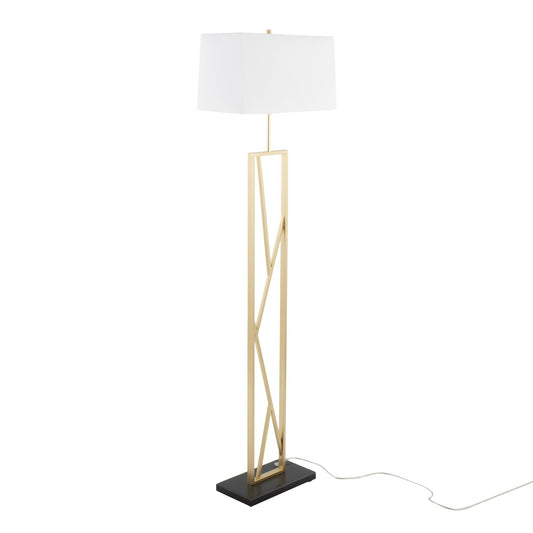 Folia Contemporary Floor Lamp in Gold Metal with White Linen Shade and Black Marble Base By LumiSource | Floor Lamps | Modishstore