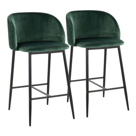 Fran Pleated Waves Contemporary Fixed-Height Counter Stool in Black Metal and Green Velvet By LumiSource - Set of 2 | Counter Stools | Modishstore