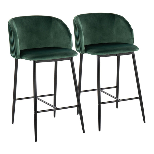 Fran Pleated Contemporary Fixed-Height Counter Stool in Black Metal and Green Velvet By LumiSource - Set of 2 | Counter Stools | Modishstore