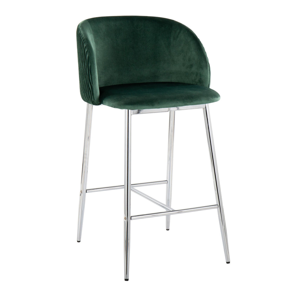 Fran Pleated Waves Contemporary/Glam Fixed-Height Counter Stool in Chrome Metal and Green Velvet By LumiSource - Set of 2 | Counter Stools | Modishstore - 5