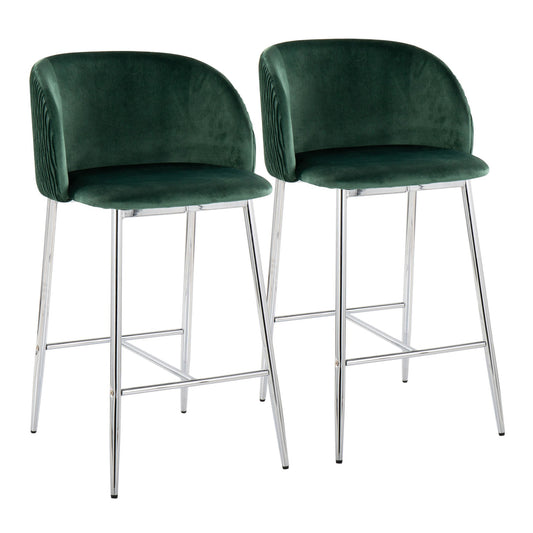 Fran Pleated Contemporary/Glam Fixed-Height Counter Stool in Chrome Metal and Green Velvet By LumiSource - Set of 2 | Counter Stools | Modishstore