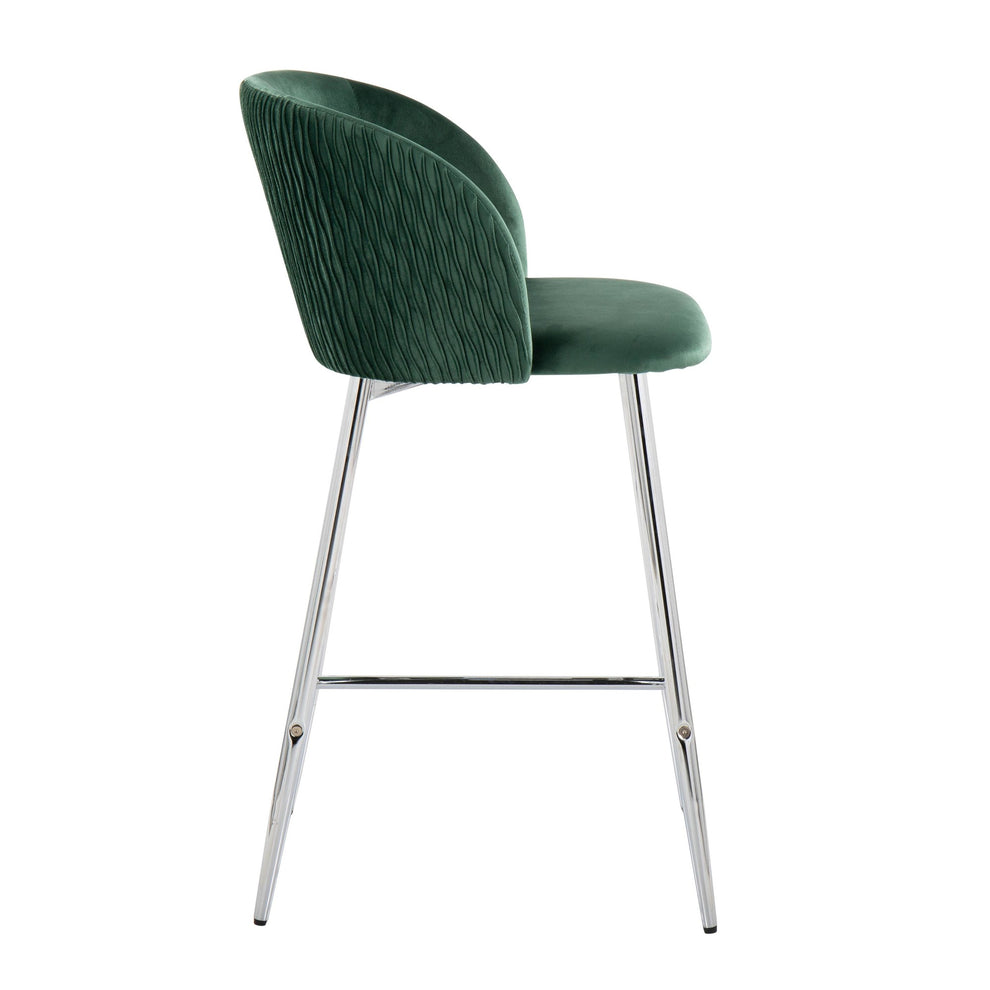 Fran Pleated Waves Contemporary/Glam Fixed-Height Counter Stool in Chrome Metal and Green Velvet By LumiSource - Set of 2 | Counter Stools | Modishstore - 6
