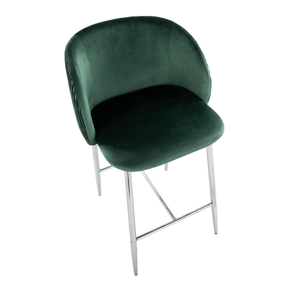 Fran Pleated Contemporary/Glam Fixed-Height Counter Stool in Chrome Metal and Green Velvet By LumiSource - Set of 2 | Counter Stools | Modishstore - 3