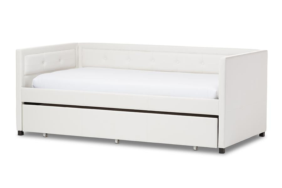 baxton studio frank modern and contemporary white faux leather button tufting sofa twin daybed with roll out trundle guest bed | Modish Furniture Store-2