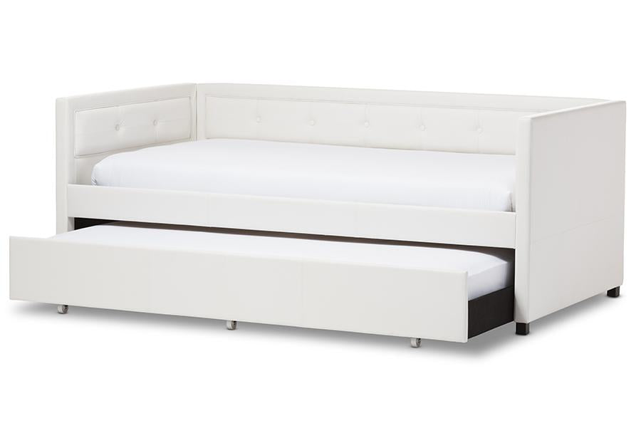 baxton studio frank modern and contemporary white faux leather button tufting sofa twin daybed with roll out trundle guest bed | Modish Furniture Store-3