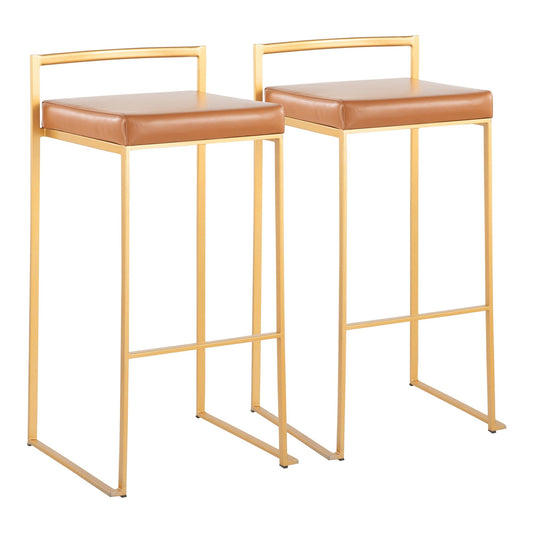 Fuji Contemporary Barstool in Gold with Camel Faux Leather By LumiSource - Set of 2 | Bar Stools | Modishstore
