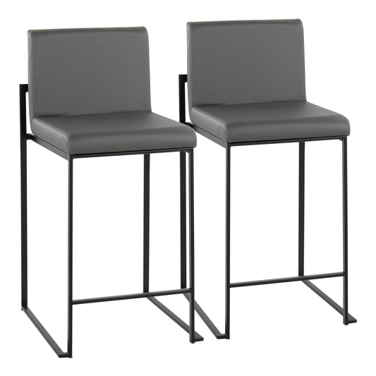 Fuji Contemporary High Back Counter Stool in Black Steel and Grey Faux Leather By LumiSource - Set of 2 | Counter Stools | Modishstore
