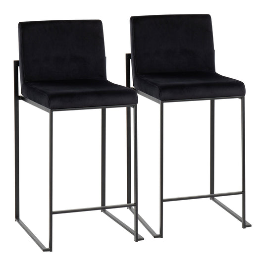 Fuji Contemporary High Back Counter Stool in Black Steel and Black Velvet By LumiSource - Set of 2 | Counter Stools | Modishstore
