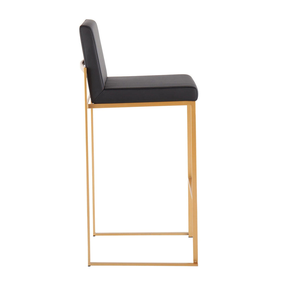 Fuji High Back Barstool - Set of 2 Gold Steel, Black PU By LumiSource | Bar Stools | Modishstore - 4