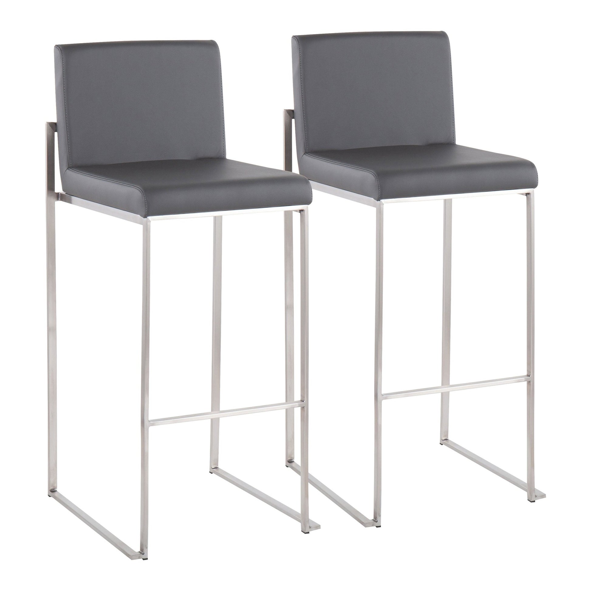 Fuji Contemporary High Back Barstool in Stainless Steel and Grey Faux Leather By LumiSource - Set of 2 | Bar Stools | Modishstore - 2