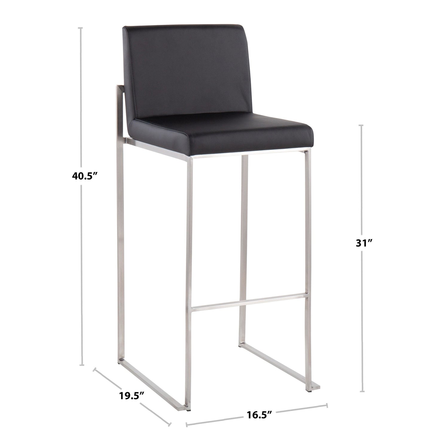 Fuji High Back Barstool - Set of 2 Gold Steel, Black PU By LumiSource | Bar Stools | Modishstore - 23