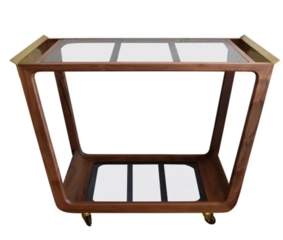 Wooden Bar Cart- Walnut, Smoked Glass & Brass-2