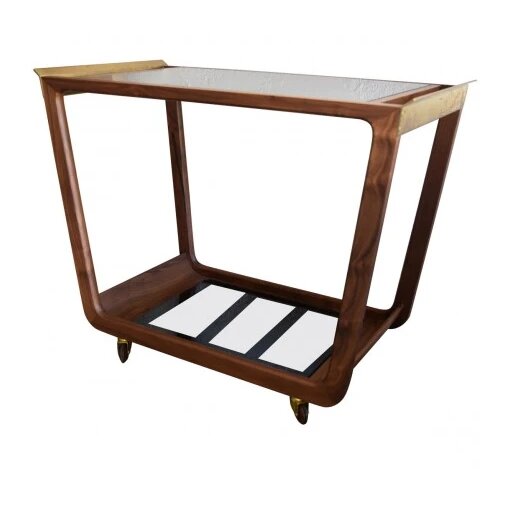 Wooden Bar Cart- Walnut, Smoked Glass & Brass-3