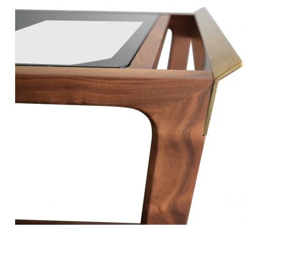 Wooden Bar Cart- Walnut, Smoked Glass & Brass-4