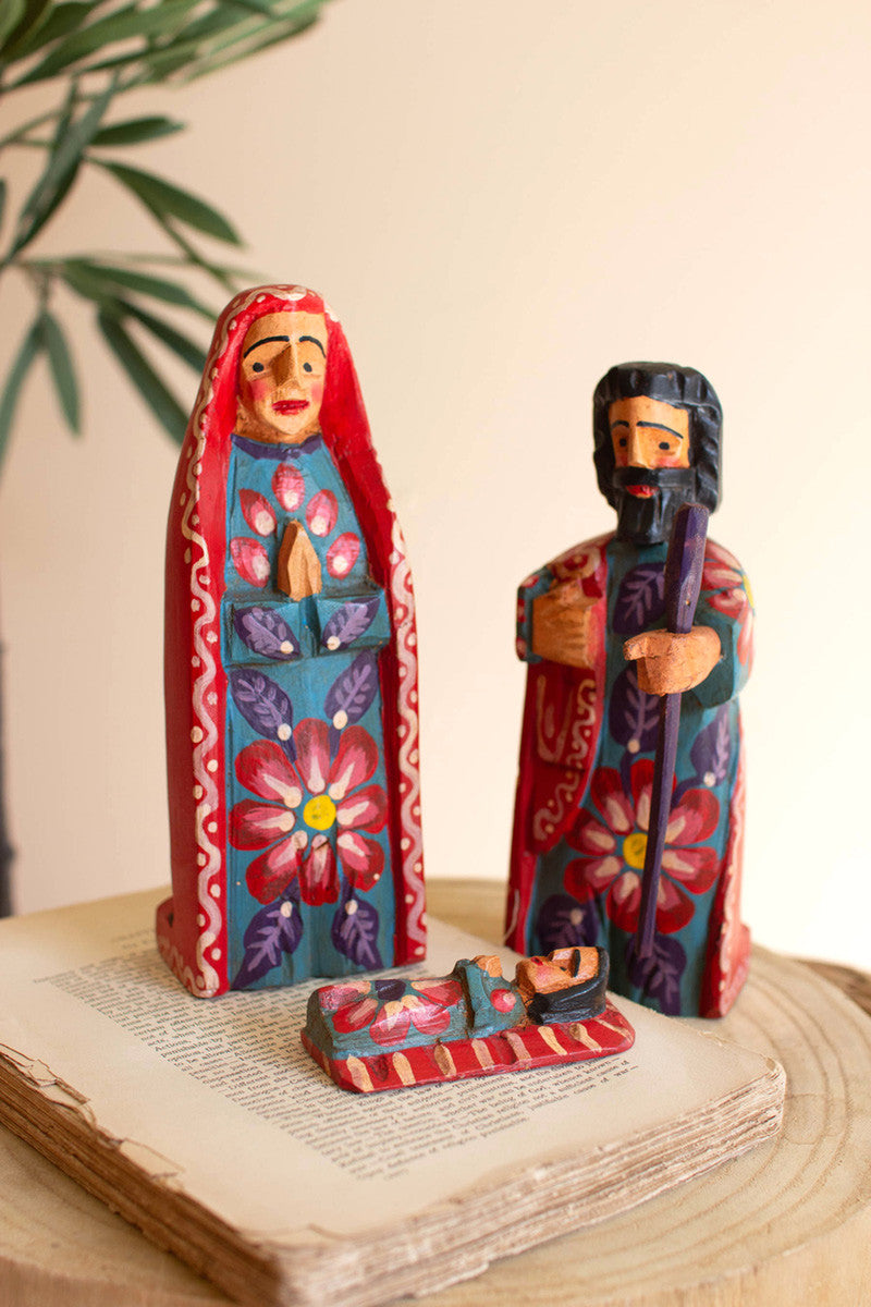 Painted Wooden Mary, Joeseph And Jesus Set Of 3 By Kalalou | Sculptures | Modishstore