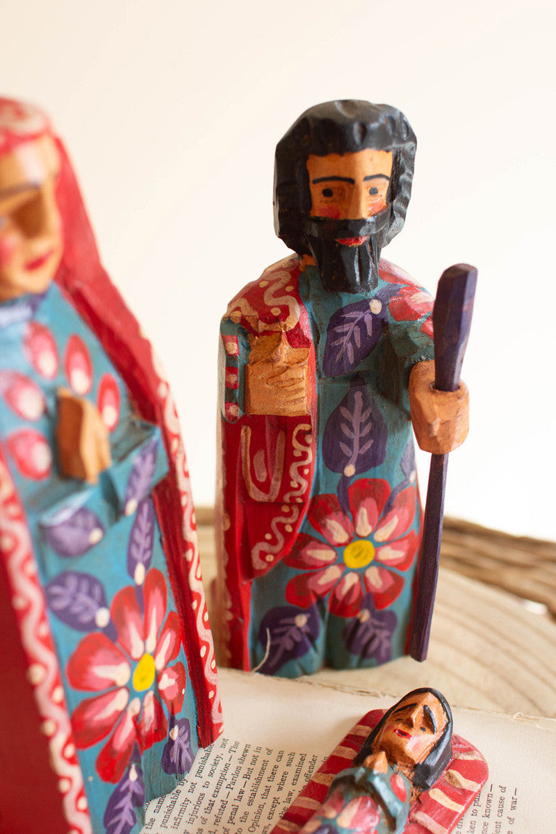Painted Wooden Mary, Joeseph And Jesus Set Of 3 By Kalalou | Sculptures | Modishstore - 2