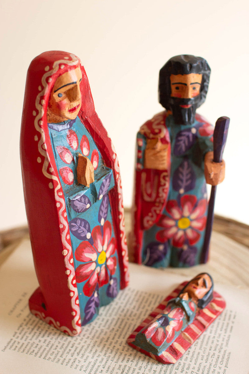 Painted Wooden Mary, Joeseph And Jesus Set Of 3 By Kalalou | Sculptures | Modishstore - 3