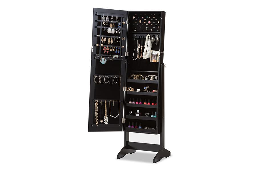 baxton studio alena black finishing wood free standing cheval mirror jewelry armoire | Modish Furniture Store-3