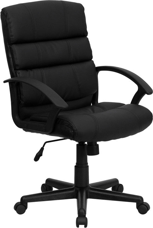 Flash Furniture GO-1004-BK-LEA-GG Mid-Back Black Leather Swivel Task Chair | Office Chairs | Modishstore
