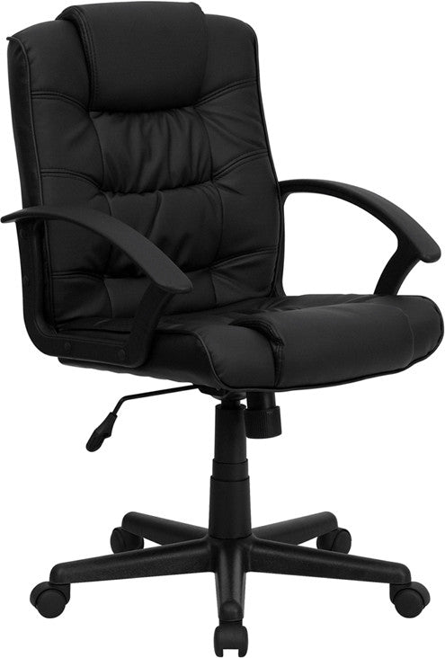 Flash Furniture GO-937M-BK-LEA-GG Mid-Back Black Leather Swivel Task Chair with Arms | Office Chairs | Modishstore