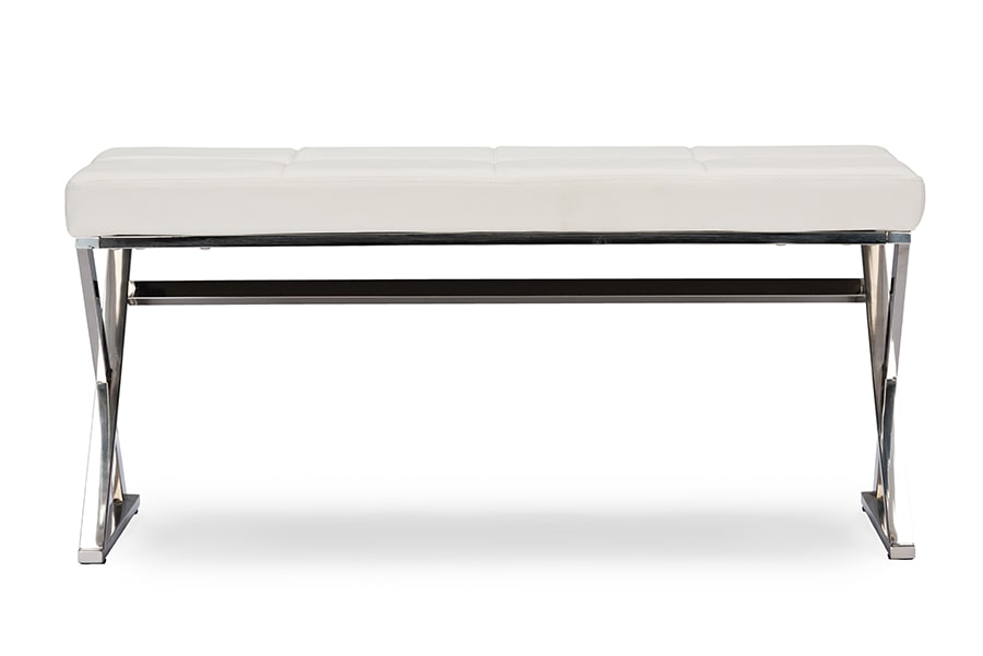 baxton studio herald modern and contemporary stainless steel and white faux leather upholstered rectangle bench | Modish Furniture Store-2