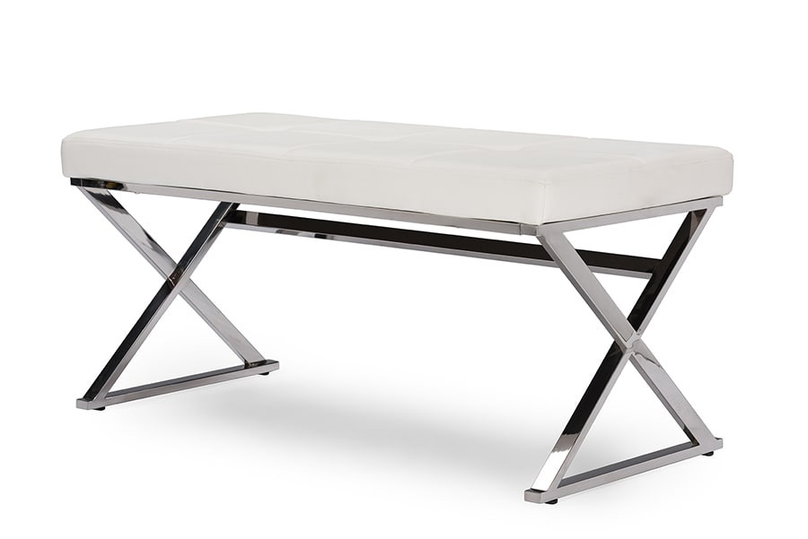 baxton studio herald modern and contemporary stainless steel and white faux leather upholstered rectangle bench | Modish Furniture Store-3