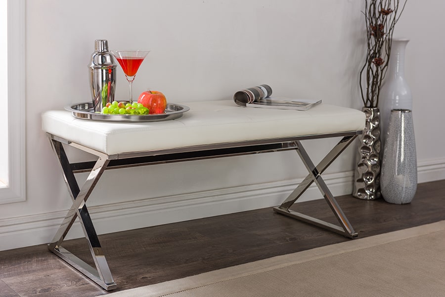 Baxton Studio Herald Modern and Contemporary Stainless Steel and White Faux Leather Upholstered Rectangle Bench | Modishstore | Stools & Benches