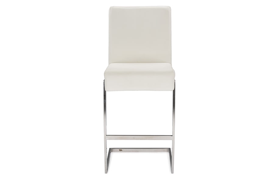 baxton studio toulan modern and contemporary white faux leather upholstered stainless steel barstool set of 2 | Modish Furniture Store-2