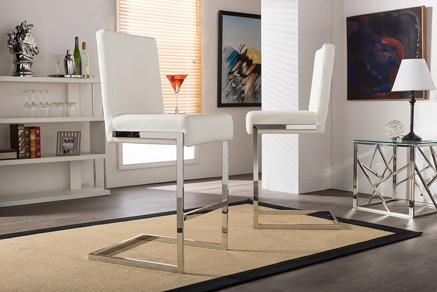 Baxton Studio Toulan Modern and Contemporary White Faux Leather Upholstered Stainless Steel Barstool (Set of 2) | Modishstore | Bar Stools