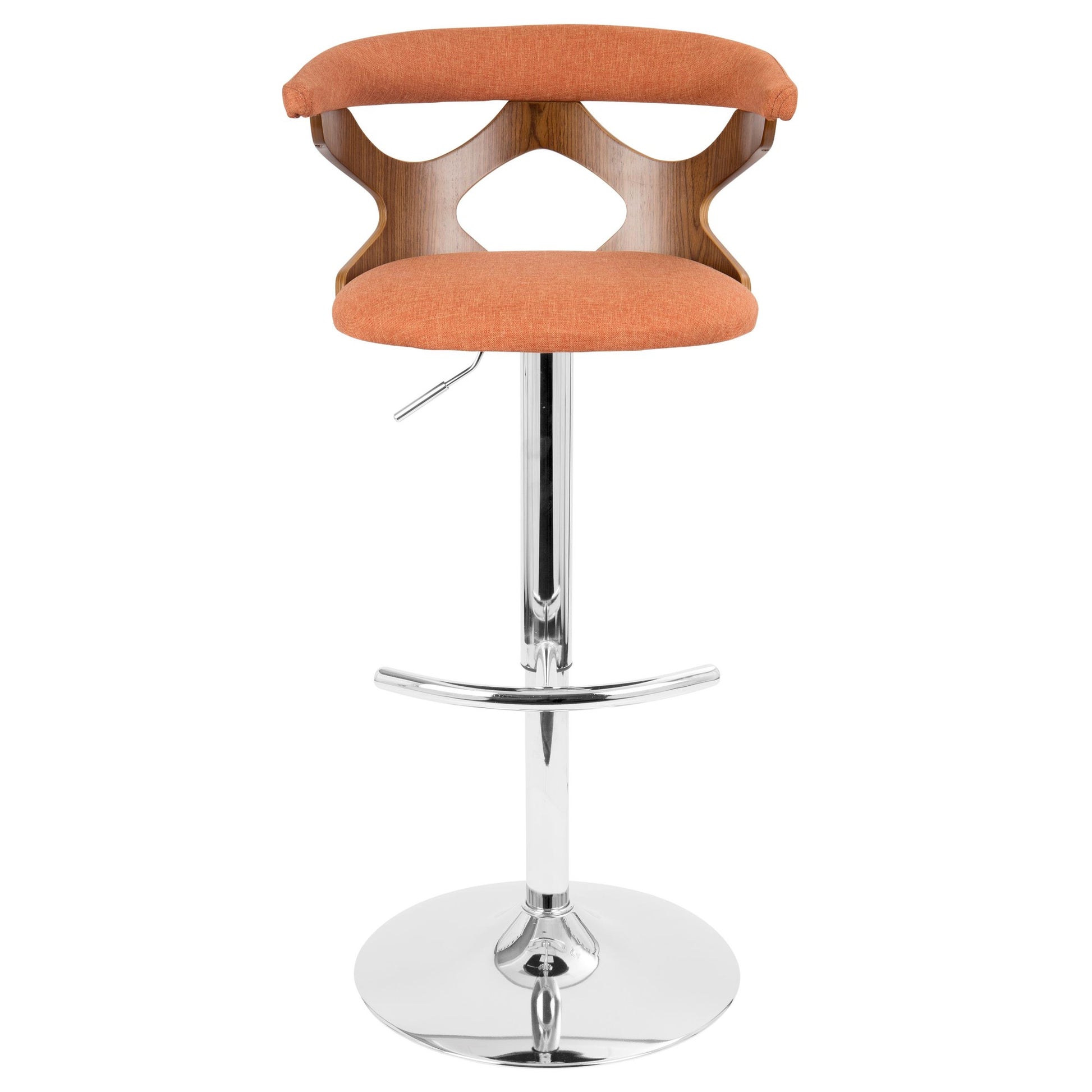 Gardenia Mid-Century Modern Adjustable Barstool with Swivel in Chrome, Walnut Wood and Orange Fabric By LumiSource - Set of 2 | Bar Stools | Modishstore - 4