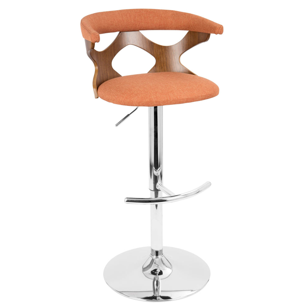 Gardenia Mid-Century Modern Adjustable Barstool with Swivel in Chrome, Walnut Wood and Orange Fabric By LumiSource - Set of 2 | Bar Stools | Modishstore - 8