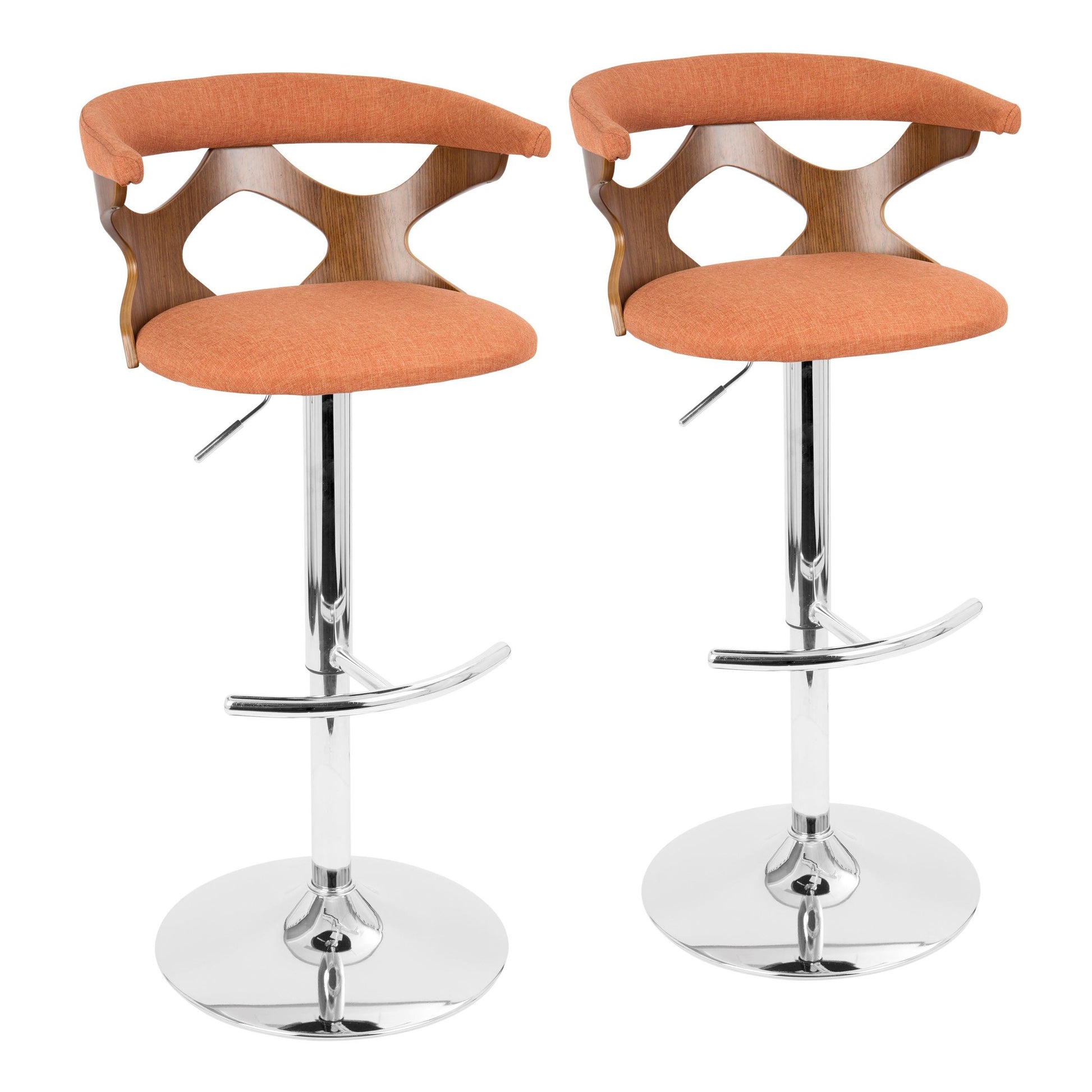 Gardenia Mid-Century Modern Adjustable Barstool with Swivel in Chrome, Walnut Wood and Orange Fabric By LumiSource - Set of 2 | Bar Stools | Modishstore - 2