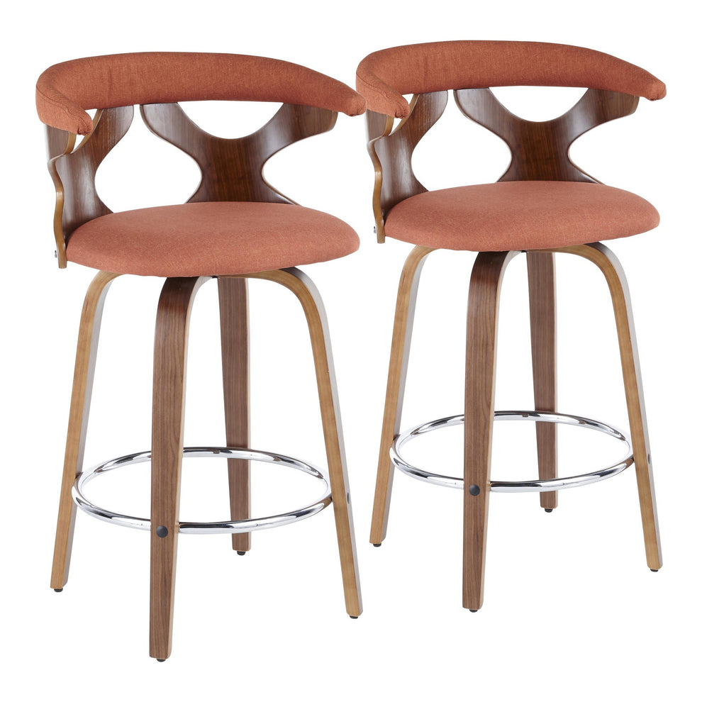 Gardenia 26" Mid-Century Modern Fixed Height Counter Stool with Swivel in Walnut and Orange Fabric By LumiSource - Set of 2 | Counter Stools | Modishstore - 2
