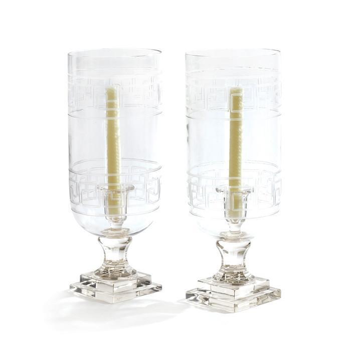 GO Home Pair Of Etched Glass Greek Key Hurricanes | Modishstore | Candle Holders | 10472  
