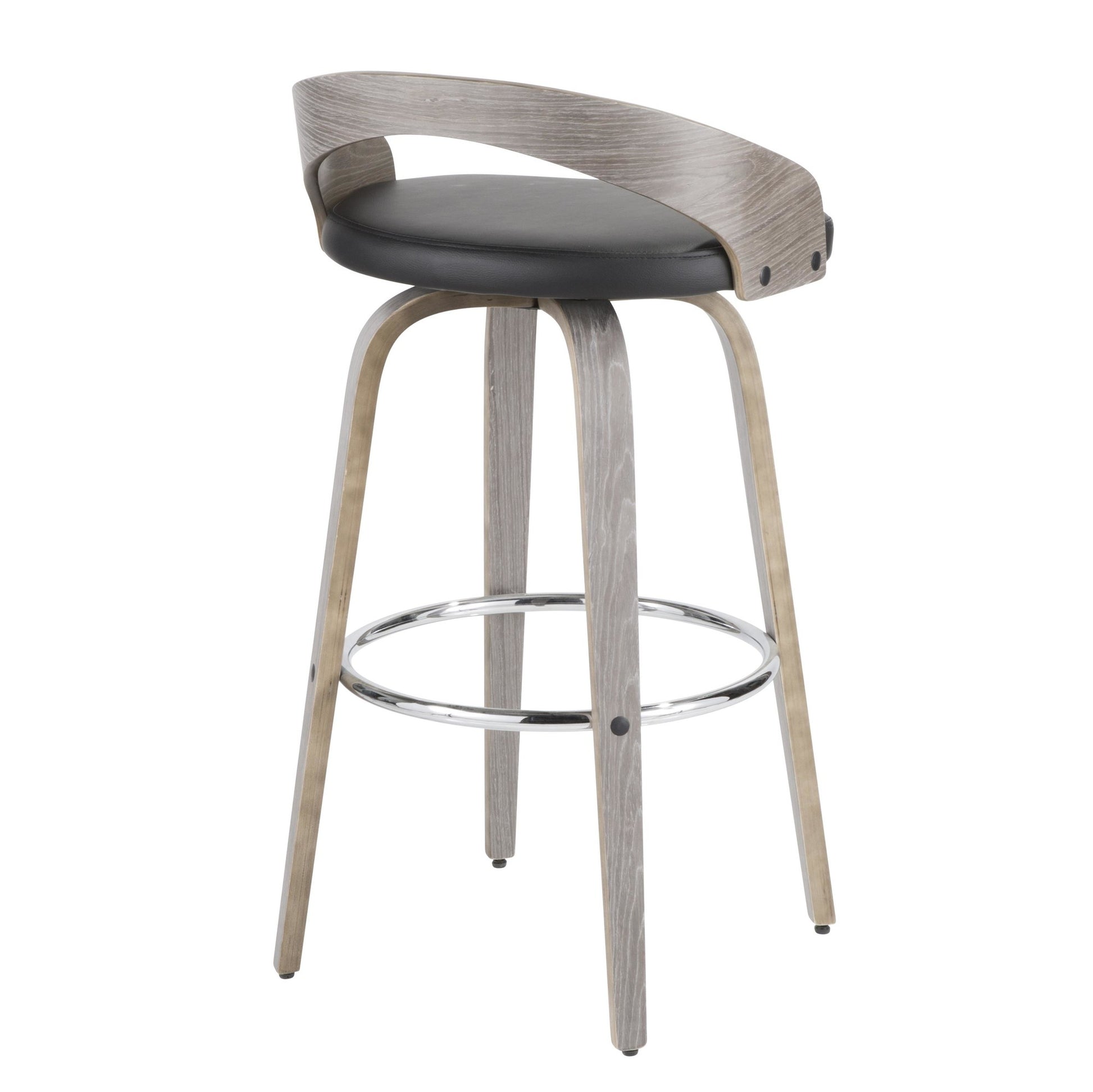 Grotto 30" Mid-Century Modern Fixed Height Barstool with Swivel in Light Grey Wood and Black Faux Leather By LumiSource - Set of 2 | Bar Stools | Modishstore - 11