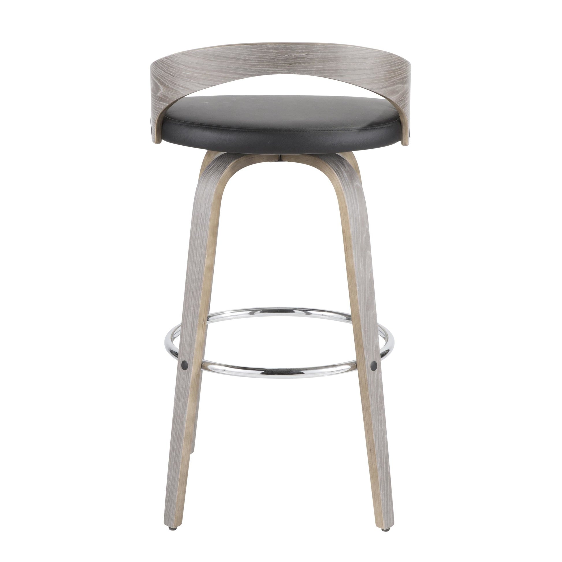 Grotto 30" Mid-Century Modern Fixed Height Barstool with Swivel in Light Grey Wood and Black Faux Leather By LumiSource - Set of 2 | Bar Stools | Modishstore - 4