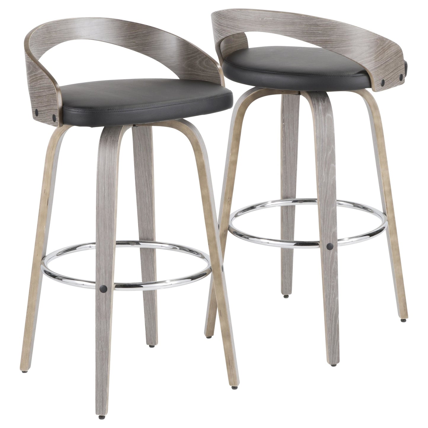 Grotto 30" Mid-Century Modern Fixed Height Barstool with Swivel in Light Grey Wood and Black Faux Leather By LumiSource - Set of 2 | Bar Stools | Modishstore - 8